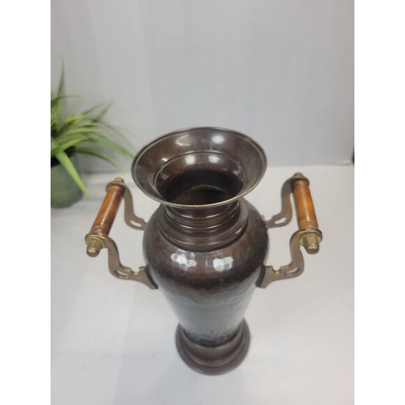 Vintage Hammered Brass Vase, Double Wooden Handled - Picture 2 of 4